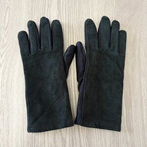 Black Genuine Leather Suede Gloves Stretch Lined Womens One Size Classic Winter